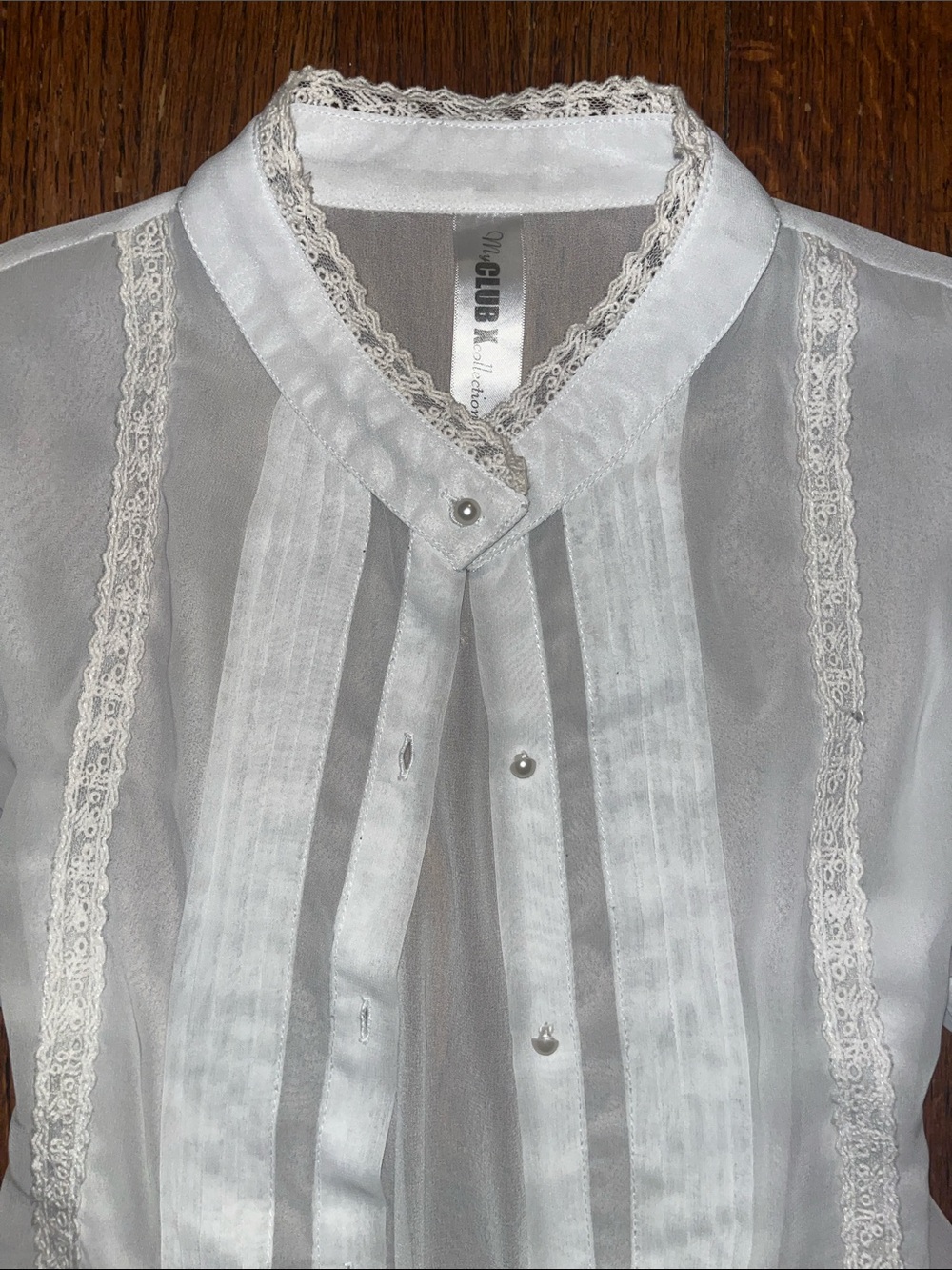 Club X | 100% Silk Sheer White Lace-Trim Button Front Dress - Picture 2 of 9